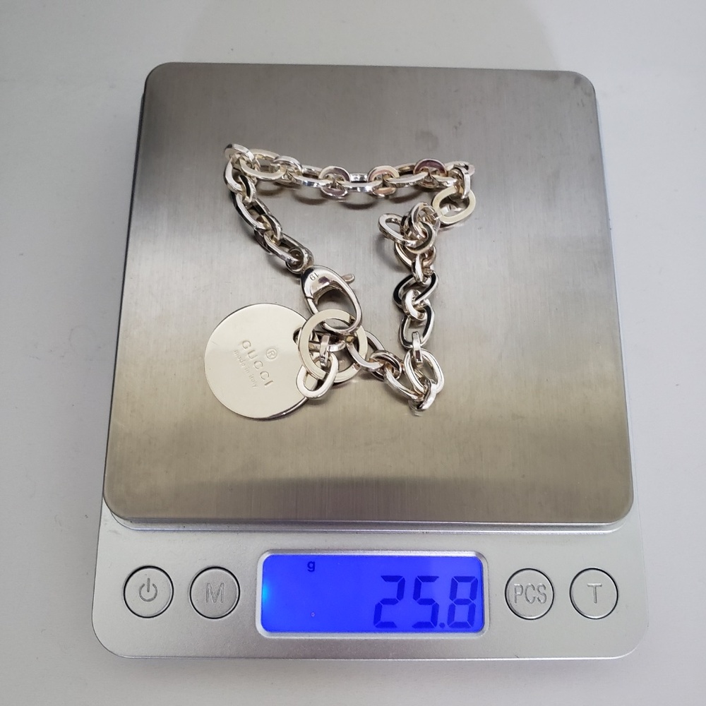 GUCCI Sterling Silver Trademark Round Charm Chain Link Bracelet 8" - Picture 4 of 11